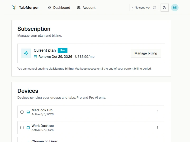 Account settings: the Subscription card shows the Pro plan, its renewal date and US$3.99/mo, with a Manage billing button; below it the Devices card lists signed-in devices