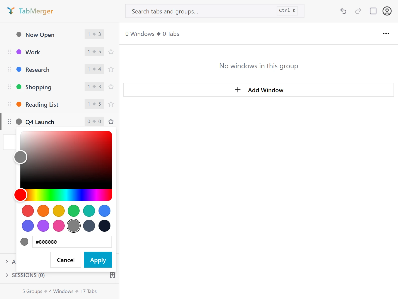 TabMerger popup with a new group selected and its color picker open: a saturation and hue picker, 12 preset colors, a hex field, and Cancel and Apply buttons