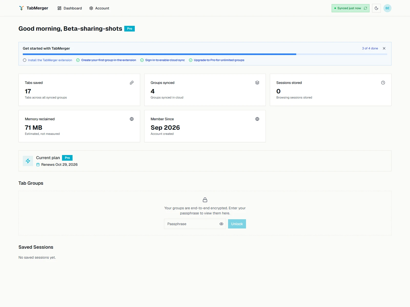 The web dashboard's Tab Groups section locked, with a padlock, "Your groups are end-to-end encrypted. Enter your passphrase to view them here.", a Passphrase field and an Unlock button