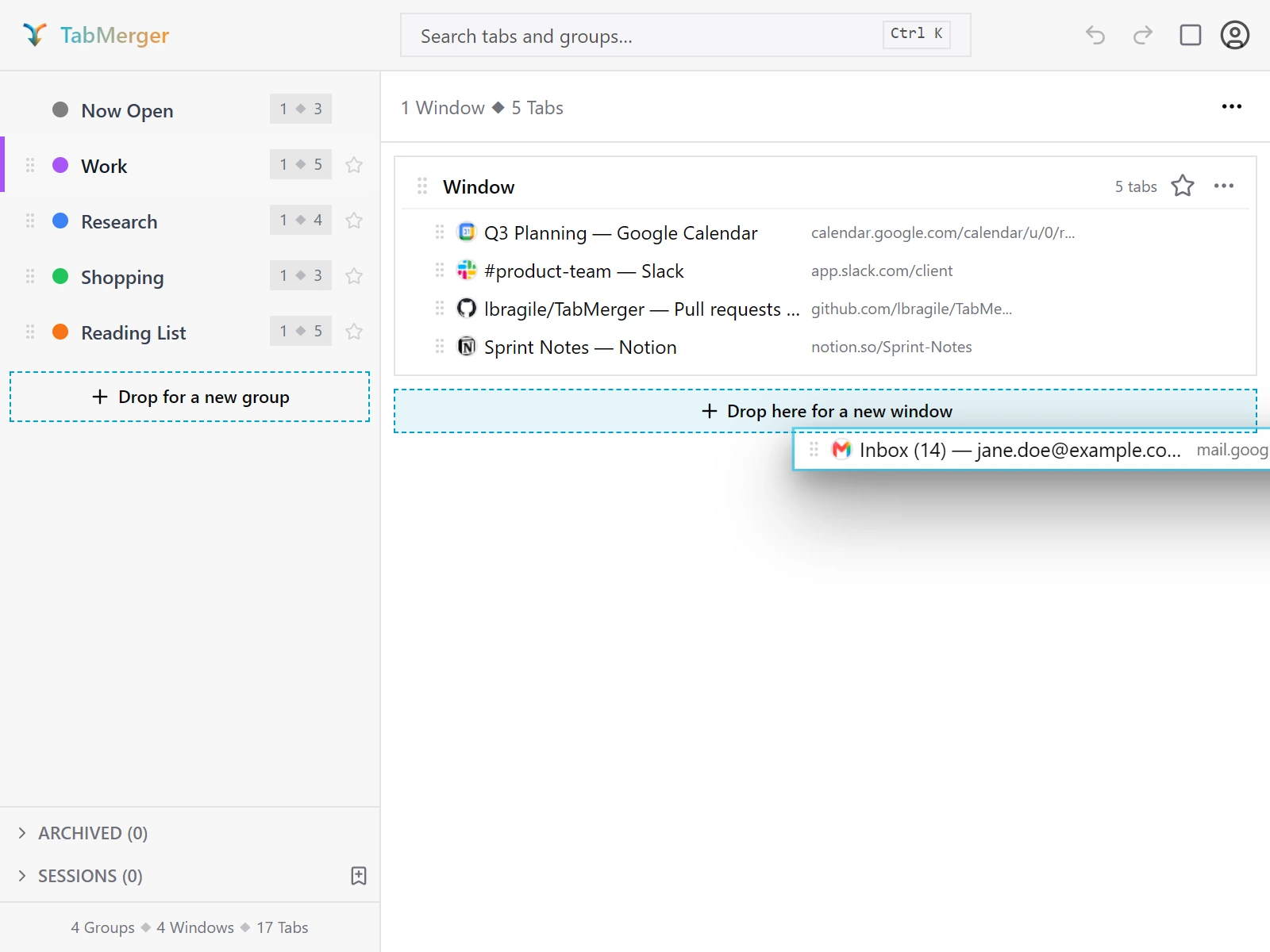 A tab dragged over the highlighted "Drop here for a new window" zone under the window list, with the "Drop for a new group" zone visible in the sidebar