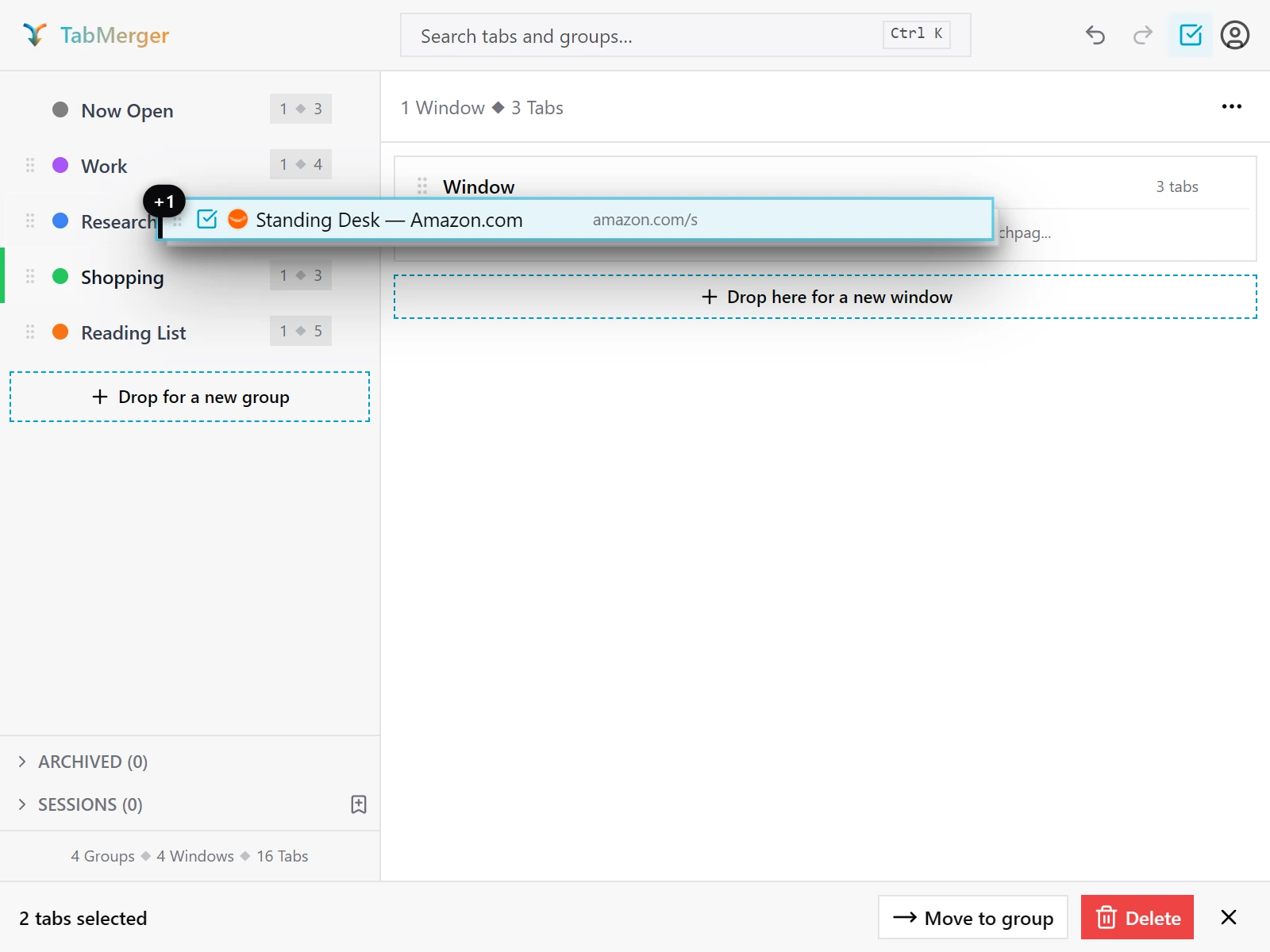 A multi-tab selection mid-drag in the TabMerger popup