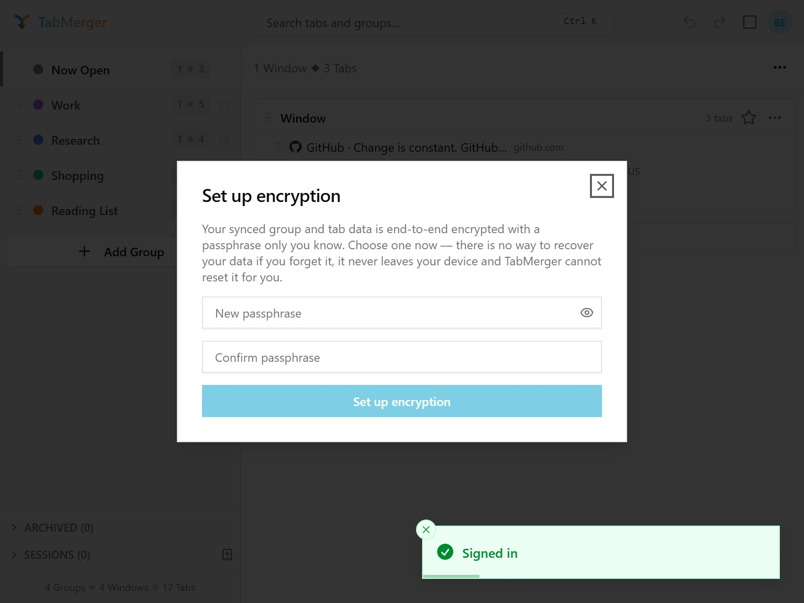 The "Set up encryption" dialog explaining the passphrase can't be recovered, with New passphrase and Confirm passphrase fields and a Set up encryption button