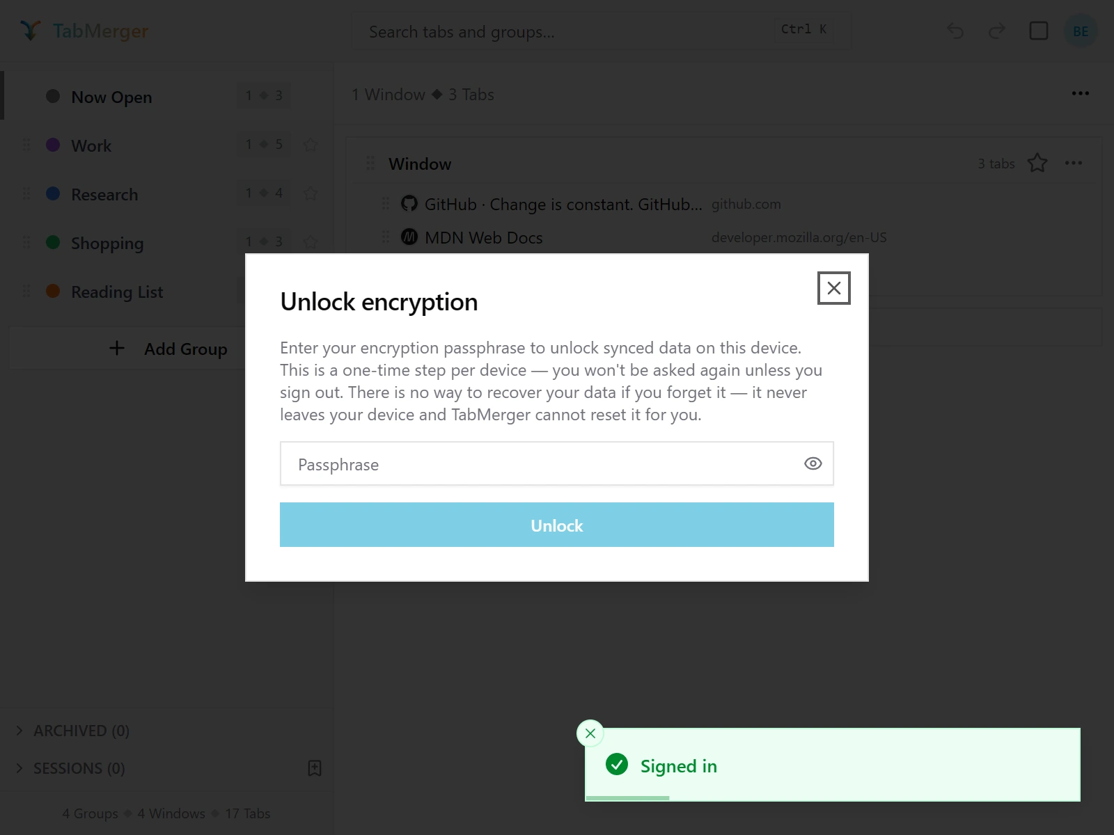 The "Unlock encryption" dialog on a second device, with a single Passphrase field and an Unlock button