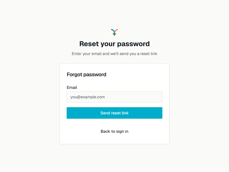 The "Reset your password" page: an Email field, a Send reset link button, and Back to sign in