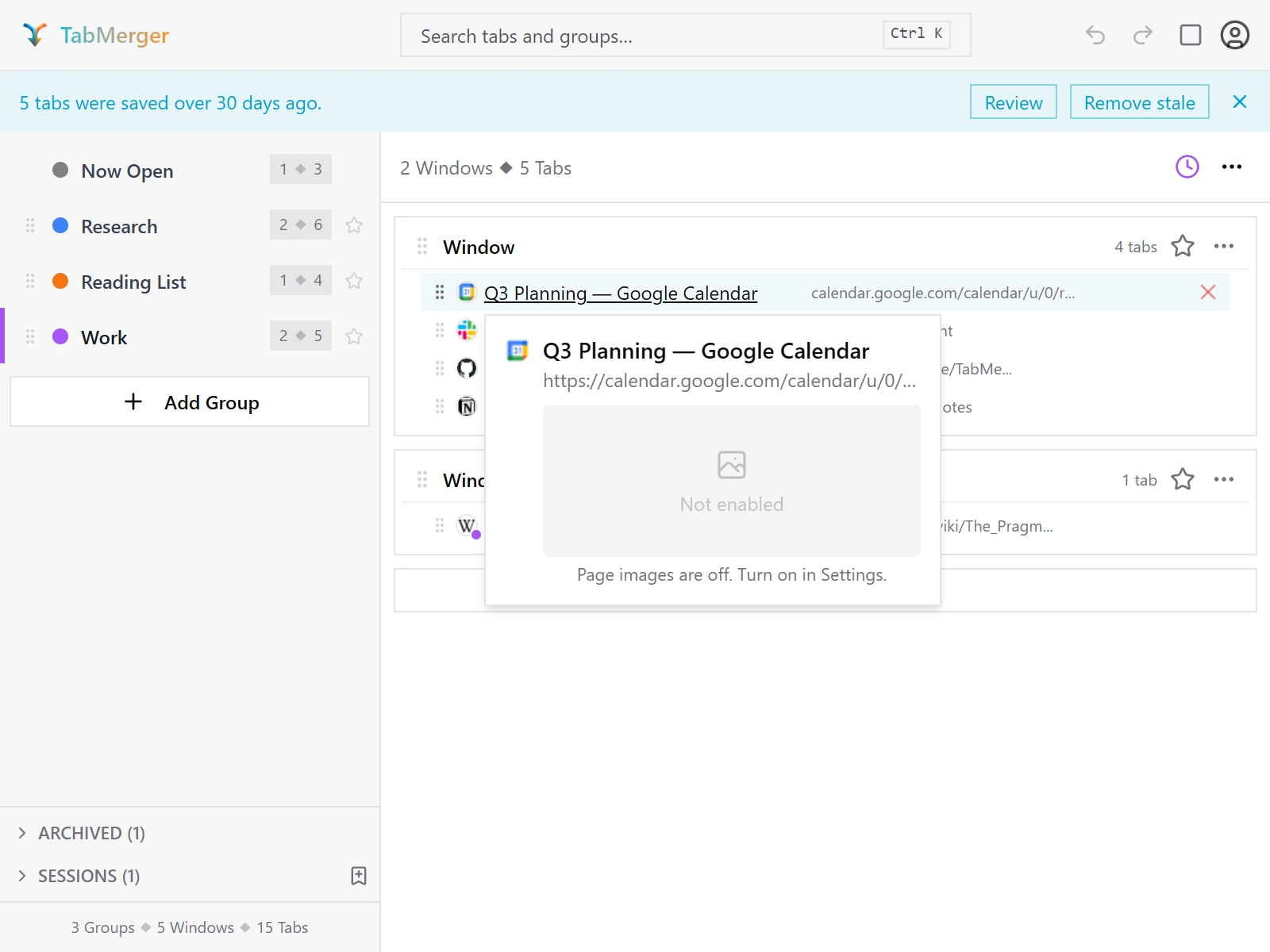 A tab hover preview with page images disabled, showing a "Not enabled" placeholder