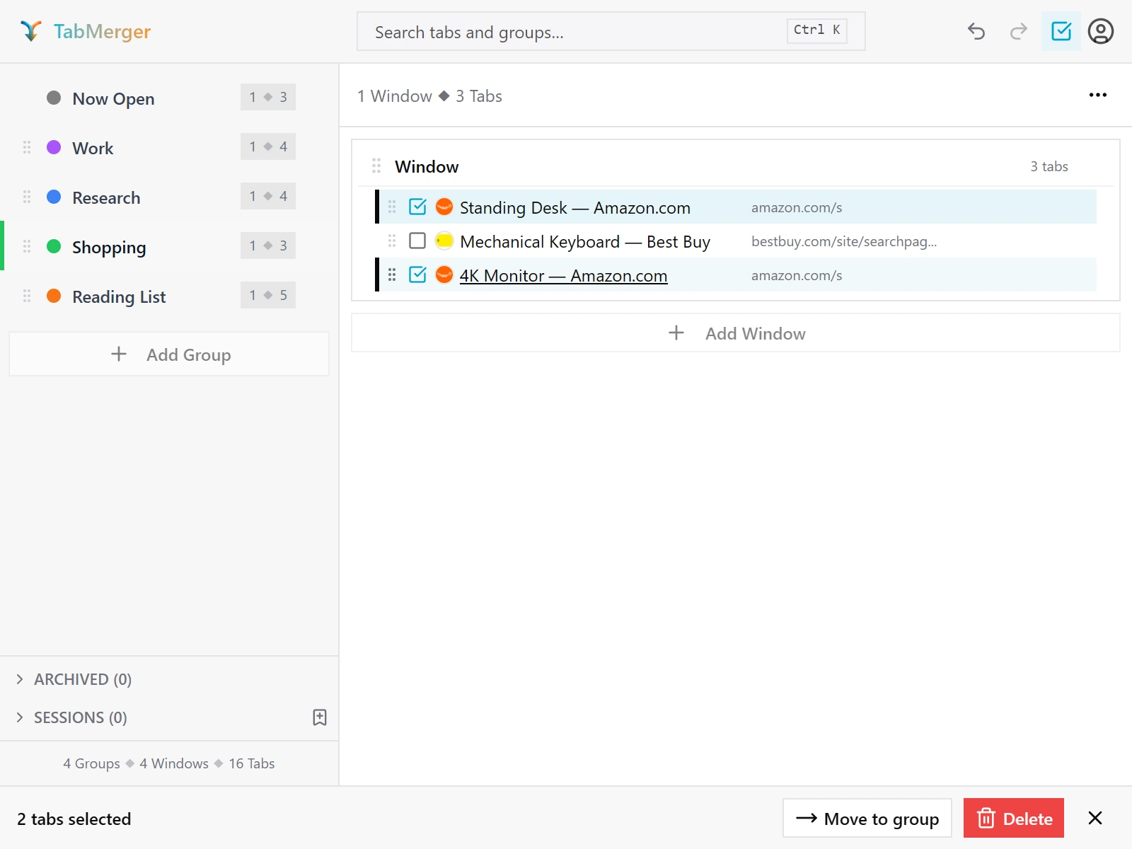 Several tabs selected together in the TabMerger popup, shown with checkboxes