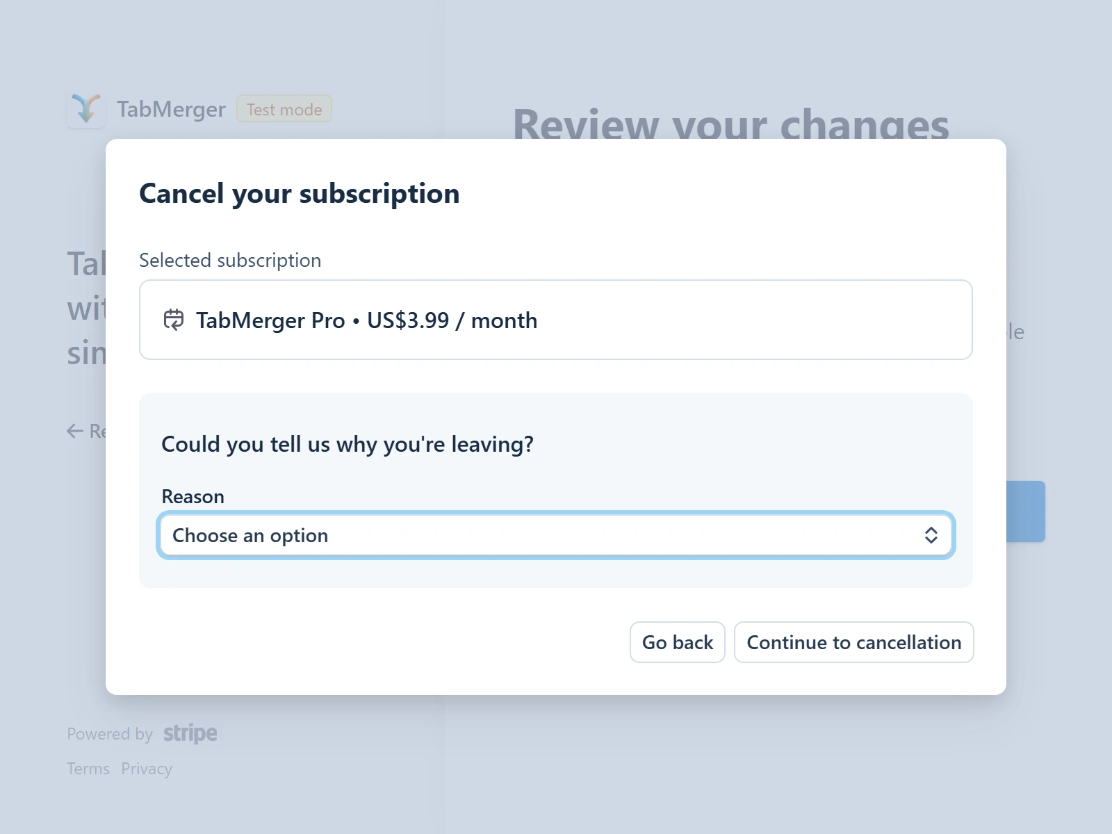 Stripe's "Cancel your subscription" dialog for TabMerger Pro at US$3.99 per month, with an optional reason and Go back and Continue to cancellation buttons