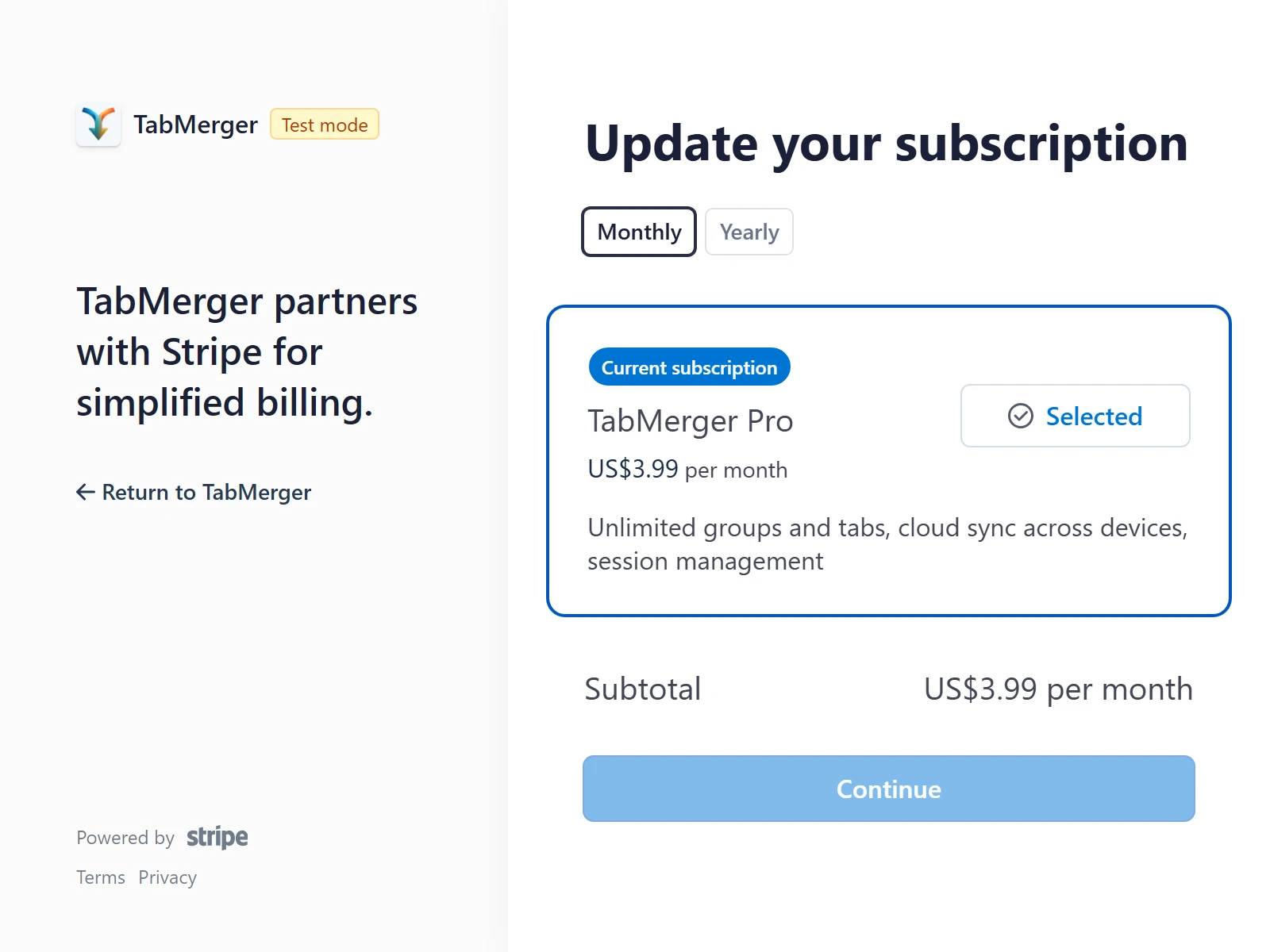 Stripe's "Update your subscription" page with Monthly and Yearly tabs, showing the current TabMerger Pro plan at US$3.99 per month