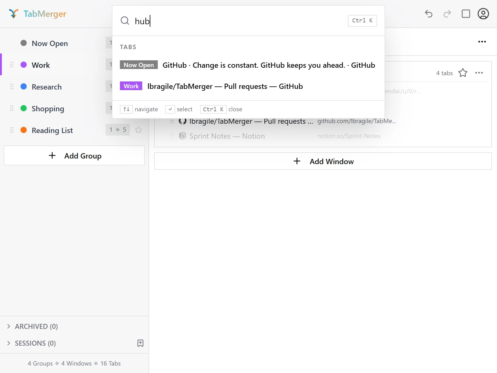The TabMerger search overlay with "hub" typed, showing a matching GitHub tab result