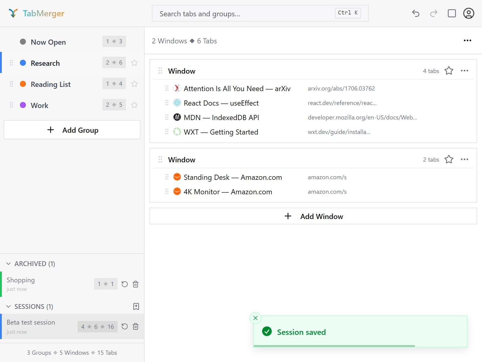 The Sessions section of the TabMerger sidebar, showing a saved session