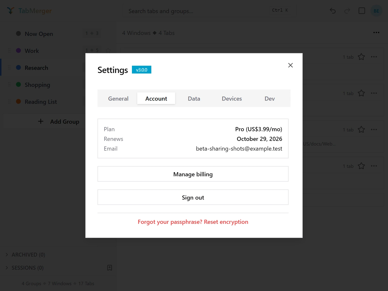Settings, Account tab on Pro: Plan Pro (US$3.99/mo), a renewal date, the email, Manage billing and Sign out buttons, and "Forgot your passphrase? Reset encryption"