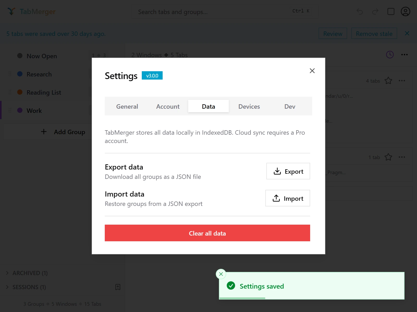 The Settings modal Data tab, showing Export data and Import data controls