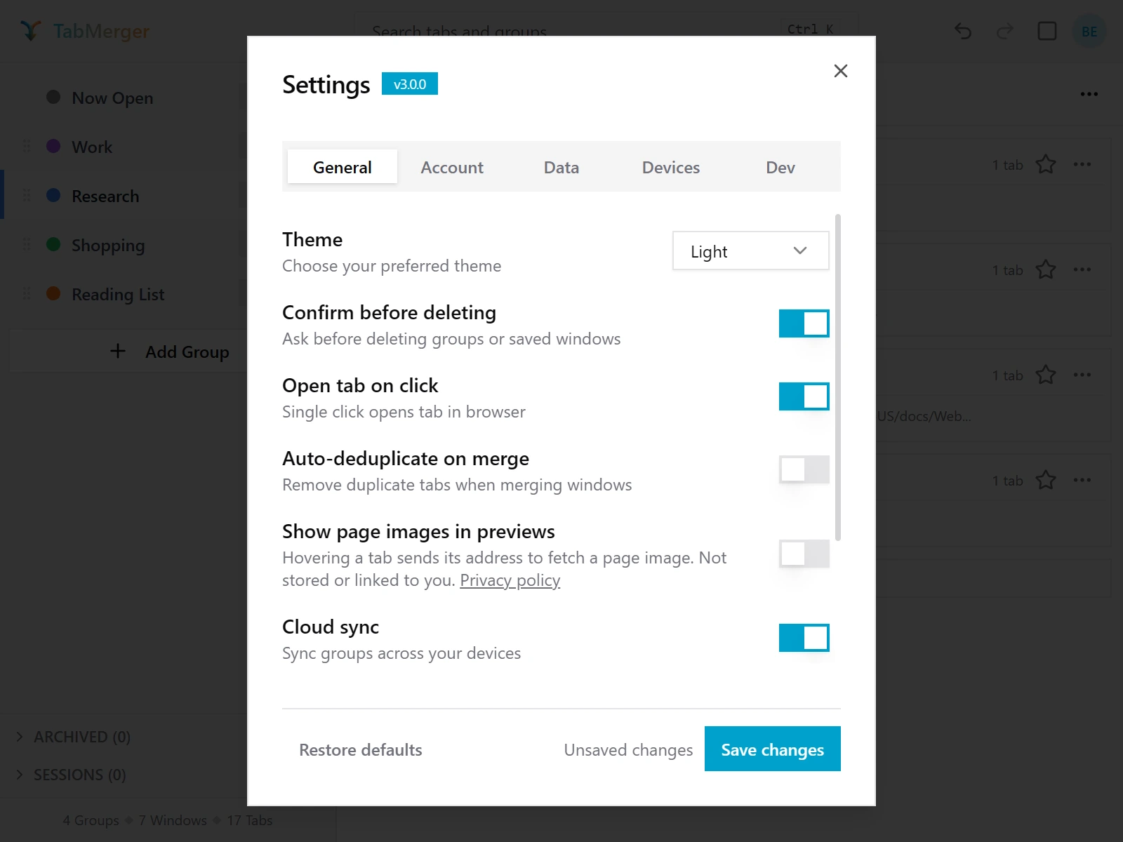 Settings, General tab after a change: "Unsaved changes" next to an enabled Save changes button, with Restore defaults on the left