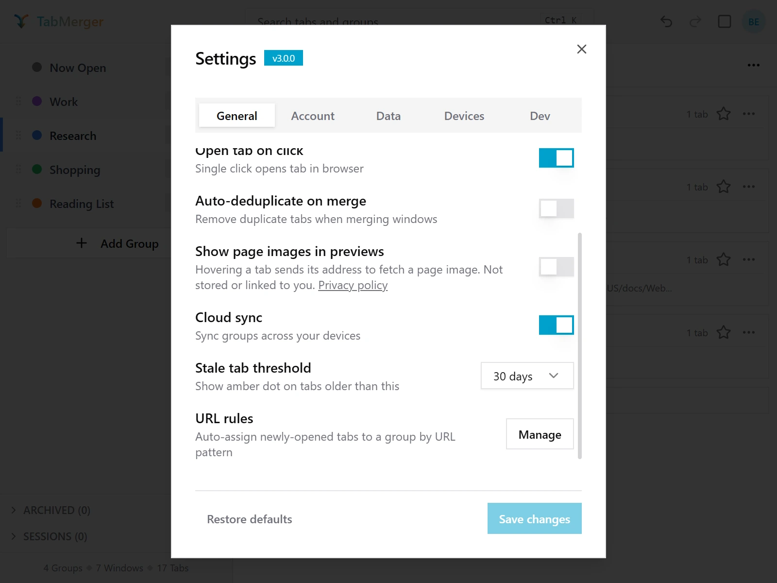 Settings, General tab scrolled down: Cloud sync on, Stale tab threshold set to 30 days, and URL rules with a Manage button