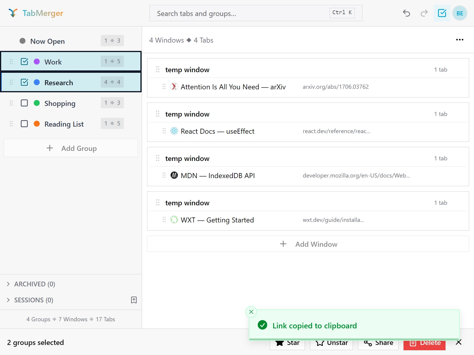 The same screen with a green "Link copied to clipboard" notification