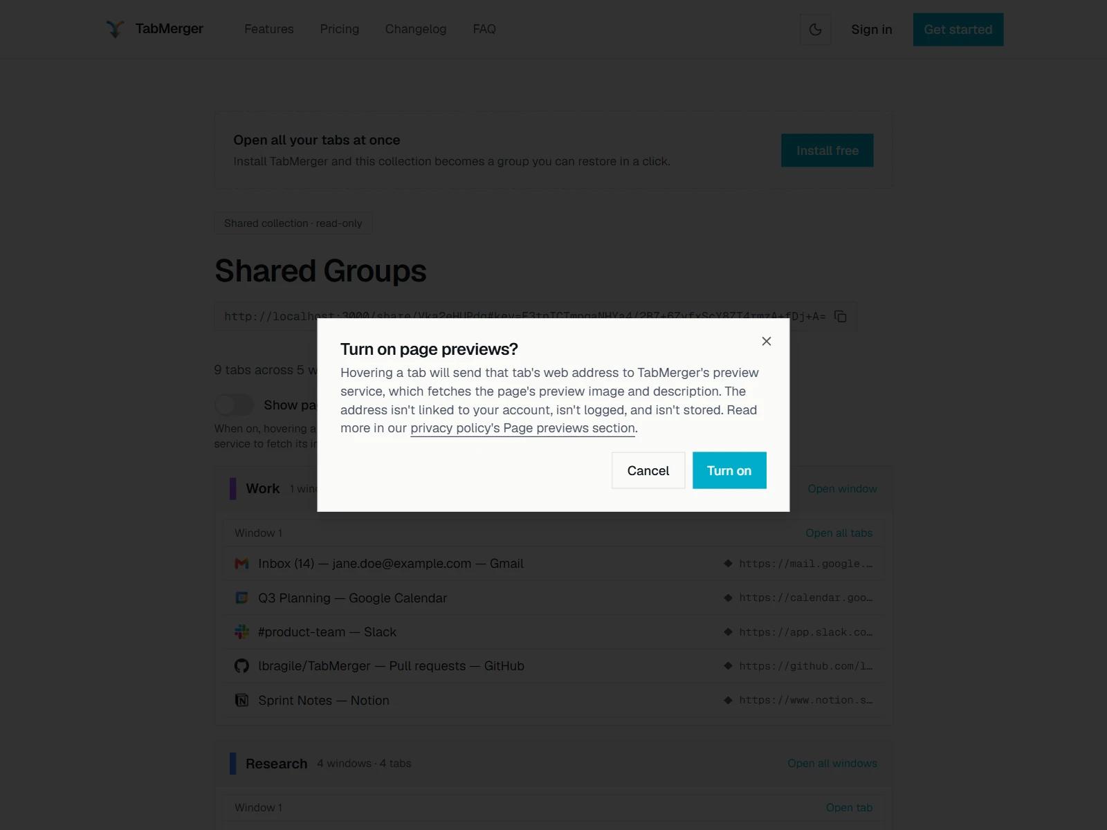 The "Turn on page previews?" dialog explaining what is sent to the preview service, with Cancel and Turn on buttons
