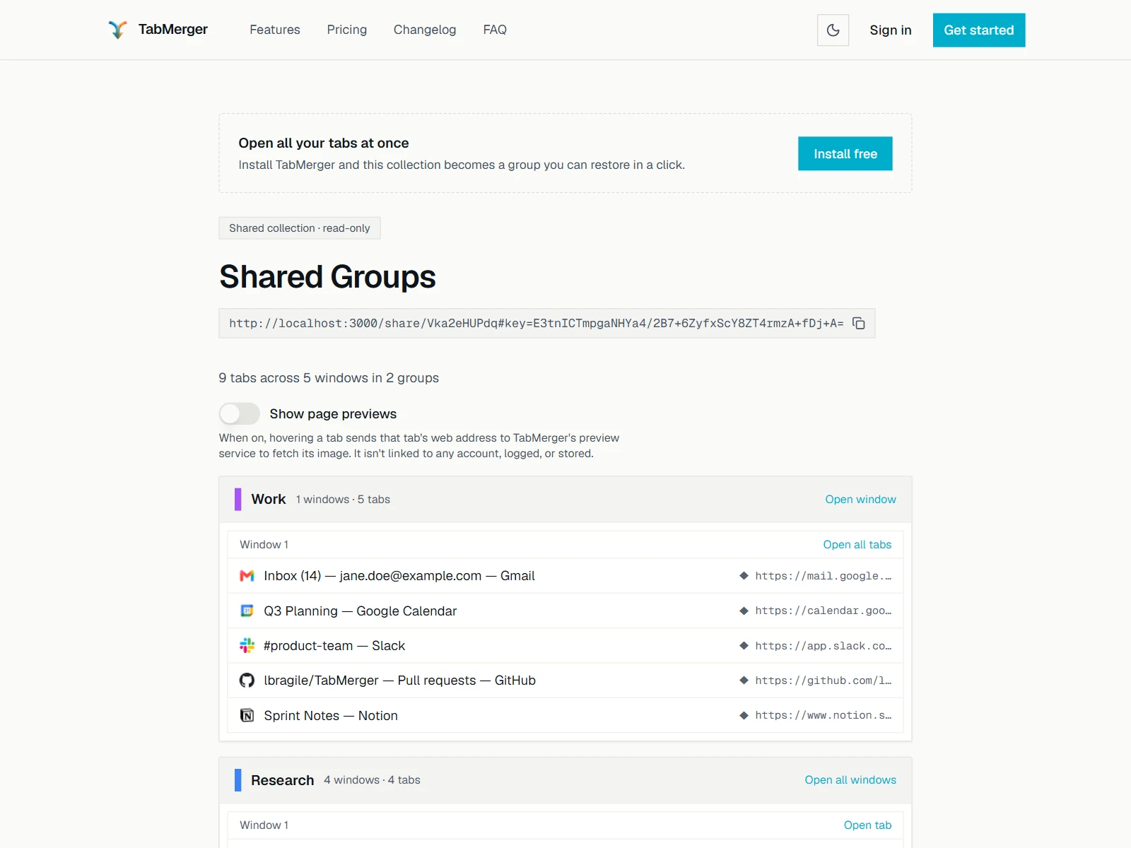 The shared page opened signed out: "Shared collection · read-only", the share link, "9 tabs across 5 windows in 2 groups", a Show page previews switch, and the Work group's tabs with Open buttons