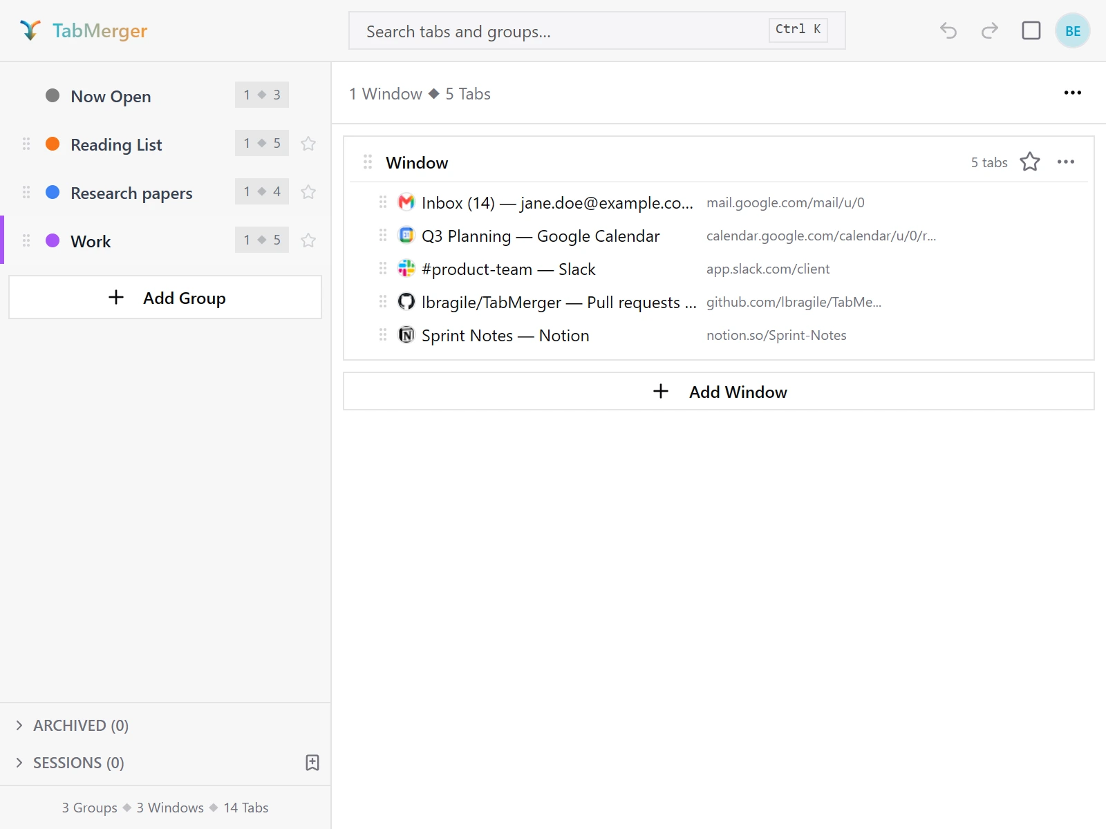 Device B's popup after reopening: Shopping is gone and the footer reads 3 Groups, 3 Windows, 14 Tabs