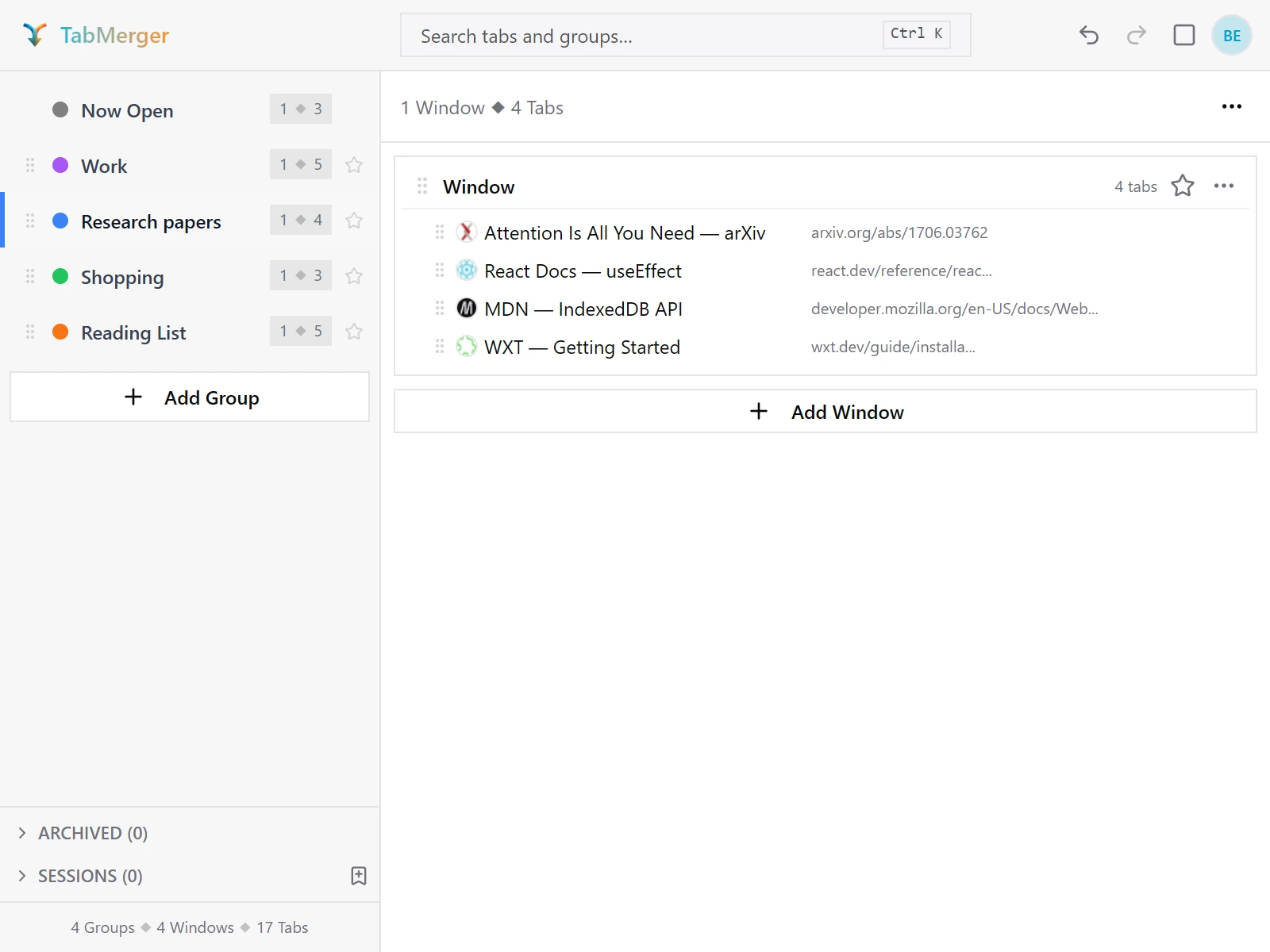 Device A's popup after renaming Research to "Research papers", with its four tabs shown