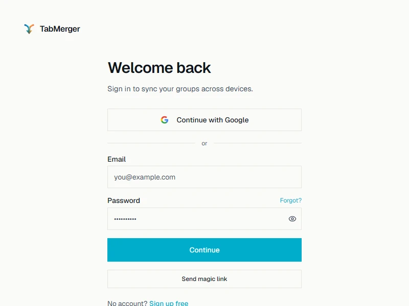 The website's "Welcome back" sign-in page: Continue with Google, Email and Password fields with a Forgot? link, Continue, and Send magic link